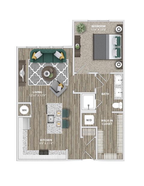 Floor plan for 1 bed, 1 bath, 720 sqft